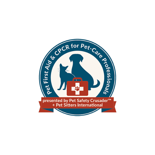 Pet First Aid and CPR emblem with silhouettes of a dog and cat next to a medical kit.